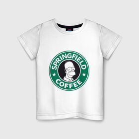 Детская футболка хлопок с принтом Springfield Coffee в Тюмени, 100% хлопок | круглый вырез горловины, полуприлегающий силуэт, длина до линии бедер | Тематика изображения на принте: homer | simpsons | гомер | лого | спрингфилд | старбакс