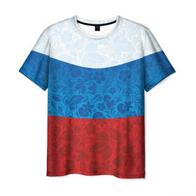 Мужская футболка 3D с принтом Россия хохлома триколор в Тюмени, 100% полиэфир | прямой крой, круглый вырез горловины, длина до линии бедер | russia | россия | россия триколор | россия хохлома | триколор | флаг рф | хозлома | хохлома