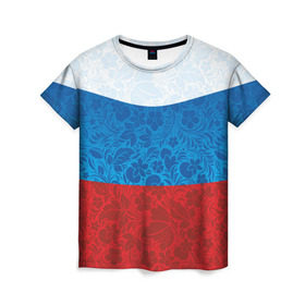 Женская футболка 3D с принтом Россия хохлома триколор в Тюмени, 100% полиэфир ( синтетическое хлопкоподобное полотно) | прямой крой, круглый вырез горловины, длина до линии бедер | russia | россия | россия триколор | россия хохлома | триколор | флаг рф | хозлома | хохлома