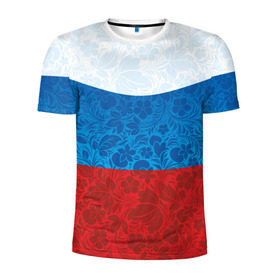 Мужская футболка 3D спортивная с принтом Россия хохлома триколор в Тюмени, 100% полиэстер с улучшенными характеристиками | приталенный силуэт, круглая горловина, широкие плечи, сужается к линии бедра | russia | россия | россия триколор | россия хохлома | триколор | флаг рф | хозлома | хохлома