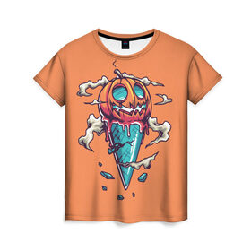 Женская футболка 3D с принтом Тыквенное мороженое в Тюмени, 100% полиэфир ( синтетическое хлопкоподобное полотно) | прямой крой, круглый вырез горловины, длина до линии бедер | Тематика изображения на принте: день всех святых | мороженое | морожка | оранжевый | рожок | светильник джека | тыква | хеллоуин | хэллоуин
