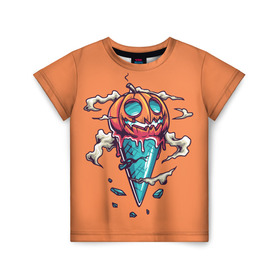 Детская футболка 3D с принтом Тыквенное мороженое в Тюмени, 100% гипоаллергенный полиэфир | прямой крой, круглый вырез горловины, длина до линии бедер, чуть спущенное плечо, ткань немного тянется | день всех святых | мороженое | морожка | оранжевый | рожок | светильник джека | тыква | хеллоуин | хэллоуин