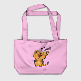 Пляжная сумка 3D с принтом Meow !! в Тюмени, 100% полиэстер | застегивается на металлическую кнопку; внутренний карман застегивается на молнию. Стенки укреплены специальным мягким материалом, чтобы защитить содержимое от несильных ударов
 | cat | pussy | smile | киска | котёнок | кошка | мяу | улыбка