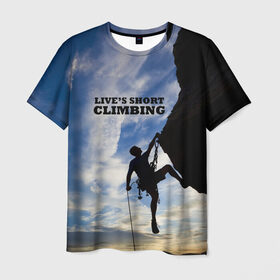 Мужская футболка 3D с принтом climbing в Тюмени, 100% полиэфир | прямой крой, круглый вырез горловины, длина до линии бедер | adrenaline | extreme | hiking | mountaineering | mountains | risk | rocks | sport | адреналин | альпинизм | высота | горы | риск | скалолазание | скалы | спорт | туризм | экстрим