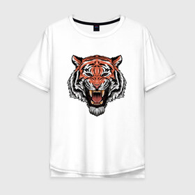 Мужская футболка хлопок Oversize с принтом Тигр в Тюмени, 100% хлопок | свободный крой, круглый ворот, “спинка” длиннее передней части | голова | джунгли | животное | зубы | оскал | тигр