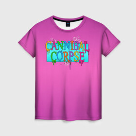 Женская футболка 3D с принтом Cannibal Corpse в Тюмени, 100% полиэфир ( синтетическое хлопкоподобное полотно) | прямой крой, круглый вырез горловины, длина до линии бедер | band | cannibal corpse | fun | logo | metal | music | rock | группа | детский | метал | музыка | прикол | розовый | рок