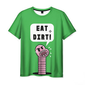 Мужская футболка 3D с принтом Ешь грязь! в Тюмени, 100% полиэфир | прямой крой, круглый вырез горловины, длина до линии бедер | eat dirt | грозный | грязь | жри | землю | мультяшка | насекомое | пасть | червь | червяк