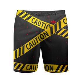 Мужские шорты 3D спортивные с принтом Caution Style в Тюмени,  |  | blood | caution | street | tape | urban | брызги | кровь | лента | опасный | скотч | улица | урбан