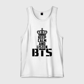 Мужская майка хлопок с принтом Keep calm and listen BTS в Тюмени, 100% хлопок |  | Тематика изображения на принте: bangtan boys | bts | j hope | jimin | jin | jungkook | k pop | rm | sonyeondan | suga | v | бойз бойс | бойскауты | бтс бенгтан. бангтан | группа | к поп | корейская | пуленепробиваемые | хип хоп