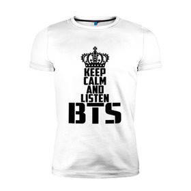 Мужская футболка премиум с принтом Keep calm and listen BTS в Тюмени, 92% хлопок, 8% лайкра | приталенный силуэт, круглый вырез ворота, длина до линии бедра, короткий рукав | bangtan boys | bts | j hope | jimin | jin | jungkook | k pop | rm | sonyeondan | suga | v | бойз бойс | бойскауты | бтс бенгтан. бангтан | группа | к поп | корейская | пуленепробиваемые | хип хоп