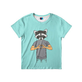 Детская футболка 3D с принтом Енот Хипстер Love в Тюмени, 100% гипоаллергенный полиэфир | прямой крой, круглый вырез горловины, длина до линии бедер, чуть спущенное плечо, ткань немного тянется | hipster | love | story | енот | животные | любовь | хипстер | человек