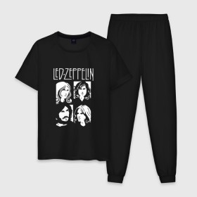 Мужская пижама хлопок с принтом Группа Led Zeppelin в Тюмени, 100% хлопок | брюки и футболка прямого кроя, без карманов, на брюках мягкая резинка на поясе и по низу штанин
 | led | led zeppelin | блюз | группа | джимми пейдж | джон генри бонэм | джон пол джонс | лед зепелен | лед зеппелин | метал | роберт плант | рок | тяжелый | фолк | хард | хардрок | хеви | хевиметал
