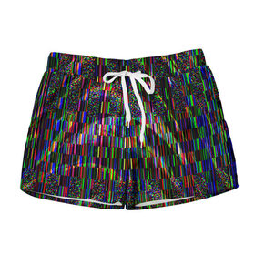 Женские шорты 3D с принтом Цветная иллюзия в Тюмени, 100% полиэстер | прямой крой, два кармана без застежек по бокам. Мягкая трикотажная резинка на поясе, внутри которой широкие завязки. Длина до середины бедра | глитч | глич | линии | полосы | разноцветный