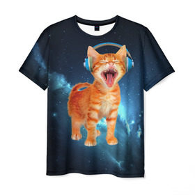 Мужская футболка 3D с принтом Котёнок в наушниках в Тюмени, 100% полиэфир | прямой крой, круглый вырез горловины, длина до линии бедер | кот | кошка | музыка