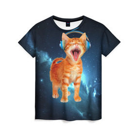Женская футболка 3D с принтом Котёнок в наушниках в Тюмени, 100% полиэфир ( синтетическое хлопкоподобное полотно) | прямой крой, круглый вырез горловины, длина до линии бедер | кот | кошка | музыка