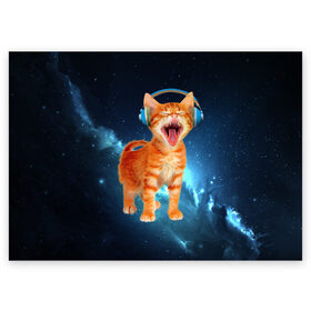 Поздравительная открытка с принтом Котёнок в наушниках в Тюмени, 100% бумага | плотность бумаги 280 г/м2, матовая, на обратной стороне линовка и место для марки
 | Тематика изображения на принте: кот | кошка | музыка