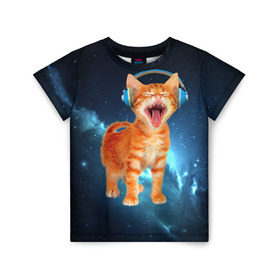 Детская футболка 3D с принтом Котёнок в наушниках в Тюмени, 100% гипоаллергенный полиэфир | прямой крой, круглый вырез горловины, длина до линии бедер, чуть спущенное плечо, ткань немного тянется | кот | кошка | музыка