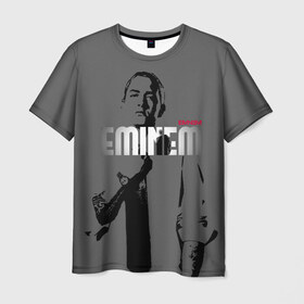 Мужская футболка 3D с принтом Eminem в Тюмени, 100% полиэфир | прямой крой, круглый вырез горловины, длина до линии бедер | actor | american rapper | art | composer | eminem | gray background | music | musical producer | rap | актёр | американский рэпер | композитор | музыка | музыкальный продюсер | рисунок | рэп | серый фон