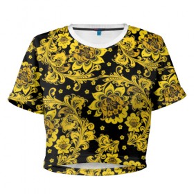Женская футболка 3D укороченная с принтом Хохлома в Тюмени, 100% полиэстер | круглая горловина, длина футболки до линии талии, рукава с отворотами | патриот | русский | узор | хохлома