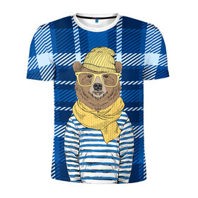 Мужская футболка 3D спортивная с принтом Медведь Хипстер в Тюмени, 100% полиэстер с улучшенными характеристиками | приталенный силуэт, круглая горловина, широкие плечи, сужается к линии бедра | 