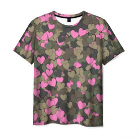 Мужская футболка 3D с принтом Какмуфляж с сердечками в Тюмени, 100% полиэфир | прямой крой, круглый вырез горловины, длина до линии бедер | Тематика изображения на принте: 14 февраля | день святого валентина | камуфляж | любовь | милитари | паттерн | розовый | сердечко | сердце | хаки