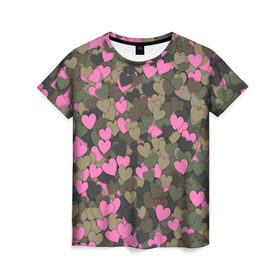 Женская футболка 3D с принтом Какмуфляж с сердечками в Тюмени, 100% полиэфир ( синтетическое хлопкоподобное полотно) | прямой крой, круглый вырез горловины, длина до линии бедер | 14 февраля | день святого валентина | камуфляж | любовь | милитари | паттерн | розовый | сердечко | сердце | хаки