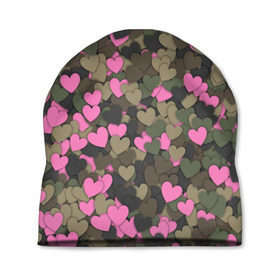 Шапка 3D с принтом Какмуфляж с сердечками в Тюмени, 100% полиэстер | универсальный размер, печать по всей поверхности изделия | 14 февраля | день святого валентина | камуфляж | любовь | милитари | паттерн | розовый | сердечко | сердце | хаки