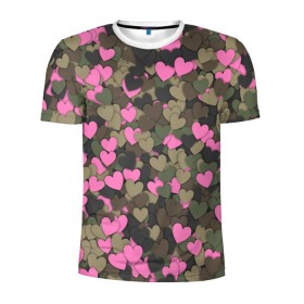 Мужская футболка 3D спортивная с принтом Какмуфляж с сердечками в Тюмени, 100% полиэстер с улучшенными характеристиками | приталенный силуэт, круглая горловина, широкие плечи, сужается к линии бедра | Тематика изображения на принте: 14 февраля | день святого валентина | камуфляж | любовь | милитари | паттерн | розовый | сердечко | сердце | хаки