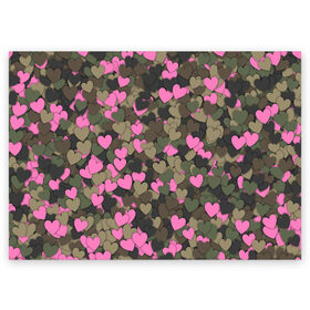 Поздравительная открытка с принтом Какмуфляж с сердечками в Тюмени, 100% бумага | плотность бумаги 280 г/м2, матовая, на обратной стороне линовка и место для марки
 | 14 февраля | день святого валентина | камуфляж | любовь | милитари | паттерн | розовый | сердечко | сердце | хаки
