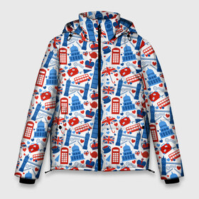 Мужская зимняя куртка 3D с принтом Люблю Лондон в Тюмени, верх — 100% полиэстер; подкладка — 100% полиэстер; утеплитель — 100% полиэстер | длина ниже бедра, свободный силуэт Оверсайз. Есть воротник-стойка, отстегивающийся капюшон и ветрозащитная планка. 

Боковые карманы с листочкой на кнопках и внутренний карман на молнии. | Тематика изображения на принте: big ben | bridge | london | авттерн | англия | биг бен | королева | лондон | лондонский | мост | флаг