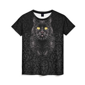 Женская футболка 3D с принтом Чёрный котик в Тюмени, 100% полиэфир ( синтетическое хлопкоподобное полотно) | прямой крой, круглый вырез горловины, длина до линии бедер | кошка | чёрная