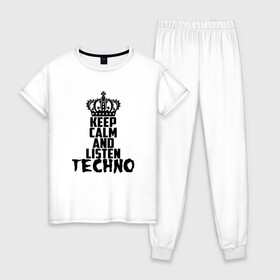 Женская пижама хлопок с принтом Keep calm and listen Techno в Тюмени, 100% хлопок | брюки и футболка прямого кроя, без карманов, на брюках мягкая резинка на поясе и по низу штанин | ebm | edm | hi nrg | techno | габбер | даб | детройт | дип | индастриал | италиан | минимал | музыка | синтипоп | тек хаус | техно | фанк | хард | чикаго хаус | шранц | эйсид | электро | электронная