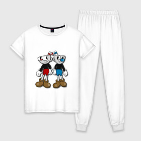 Женская пижама хлопок с принтом Cuphead Mugman в Тюмени, 100% хлопок | брюки и футболка прямого кроя, без карманов, на брюках мягкая резинка на поясе и по низу штанин | капхед | капхэд | магмен | магмэн | мугмен