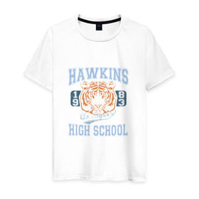 Мужская футболка хлопок с принтом Stranger Things Hawkins в Тюмени, 100% хлопок | прямой крой, круглый вырез горловины, длина до линии бедер, слегка спущенное плечо. | hawkins | stranger things | очень странные дела