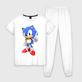Женская пижама хлопок с принтом Classic Sonic в Тюмени, 100% хлопок | брюки и футболка прямого кроя, без карманов, на брюках мягкая резинка на поясе и по низу штанин | 16 бит | sega | sonic | классический соник