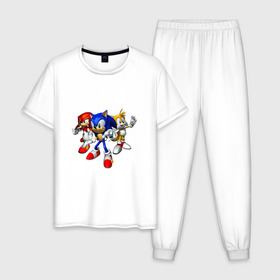 Мужская пижама хлопок с принтом Sonic, Tails & Knuckles в Тюмени, 100% хлопок | брюки и футболка прямого кроя, без карманов, на брюках мягкая резинка на поясе и по низу штанин
 | наклз | наклс | соник | тейлз | тейлс