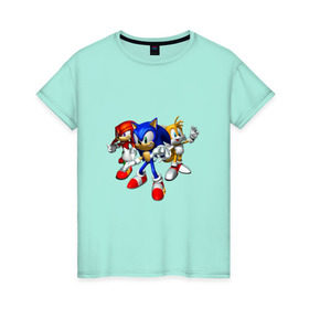 Женская футболка хлопок с принтом Sonic, Tails & Knuckles в Тюмени, 100% хлопок | прямой крой, круглый вырез горловины, длина до линии бедер, слегка спущенное плечо | наклз | наклс | соник | тейлз | тейлс