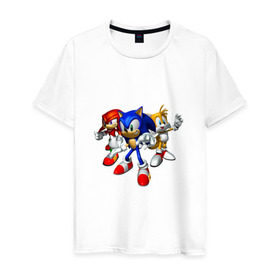 Мужская футболка хлопок с принтом Sonic, Tails & Knuckles в Тюмени, 100% хлопок | прямой крой, круглый вырез горловины, длина до линии бедер, слегка спущенное плечо. | наклз | наклс | соник | тейлз | тейлс