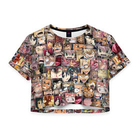 Женская футболка 3D укороченная с принтом Злые лица аниме в Тюмени, 100% полиэстер | круглая горловина, длина футболки до линии талии, рукава с отворотами | комиксы | манга | паттерн | эмоции