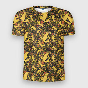 Мужская футболка 3D спортивная с принтом Кошки хохлома в Тюмени, 100% полиэстер с улучшенными характеристиками | приталенный силуэт, круглая горловина, широкие плечи, сужается к линии бедра | орнамент | паттерн | цветы