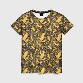 Женская футболка 3D с принтом Кошки хохлома в Тюмени, 100% полиэфир ( синтетическое хлопкоподобное полотно) | прямой крой, круглый вырез горловины, длина до линии бедер | орнамент | паттерн | цветы