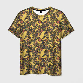 Мужская футболка 3D с принтом Кошки хохлома в Тюмени, 100% полиэфир | прямой крой, круглый вырез горловины, длина до линии бедер | орнамент | паттерн | цветы