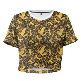 Женская футболка 3D укороченная с принтом Кошки хохлома в Тюмени, 100% полиэстер | круглая горловина, длина футболки до линии талии, рукава с отворотами | орнамент | паттерн | цветы