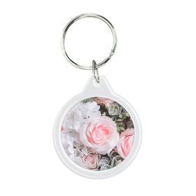 Брелок круглый с принтом розы в Тюмени, пластик и полированная сталь | круглая форма, металлическое крепление в виде кольца | букет | винтаж | зелень | листья | розовые розы | романтика | цветы