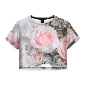 Женская футболка 3D укороченная с принтом розы в Тюмени, 100% полиэстер | круглая горловина, длина футболки до линии талии, рукава с отворотами | букет | винтаж | зелень | листья | розовые розы | романтика | цветы