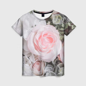 Женская футболка 3D с принтом розы в Тюмени, 100% полиэфир ( синтетическое хлопкоподобное полотно) | прямой крой, круглый вырез горловины, длина до линии бедер | букет | винтаж | зелень | листья | розовые розы | романтика | цветы