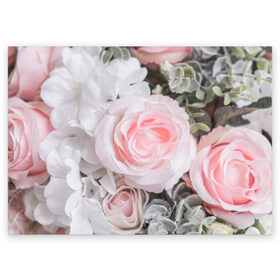 Поздравительная открытка с принтом розы в Тюмени, 100% бумага | плотность бумаги 280 г/м2, матовая, на обратной стороне линовка и место для марки
 | букет | винтаж | зелень | листья | розовые розы | романтика | цветы