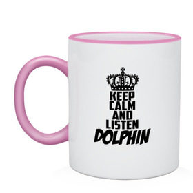 Кружка двухцветная с принтом Keep calm and listen Dolphin в Тюмени, керамика | объем — 330 мл, диаметр — 80 мм. Цветная ручка и кайма сверху, в некоторых цветах — вся внутренняя часть | 