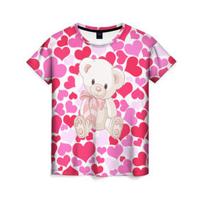 Женская футболка 3D с принтом Белый Мишка в Тюмени, 100% полиэфир ( синтетическое хлопкоподобное полотно) | прямой крой, круглый вырез горловины, длина до линии бедер | 14 февраля | bear | love | teddy | абстракция | арт | девушкам | день всех влюбленных | день святого валентина | животные | медведь | милые | мишка | сердечки | тедди