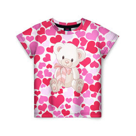 Детская футболка 3D с принтом Белый Мишка в Тюмени, 100% гипоаллергенный полиэфир | прямой крой, круглый вырез горловины, длина до линии бедер, чуть спущенное плечо, ткань немного тянется | 14 февраля | bear | love | teddy | абстракция | арт | девушкам | день всех влюбленных | день святого валентина | животные | медведь | милые | мишка | сердечки | тедди